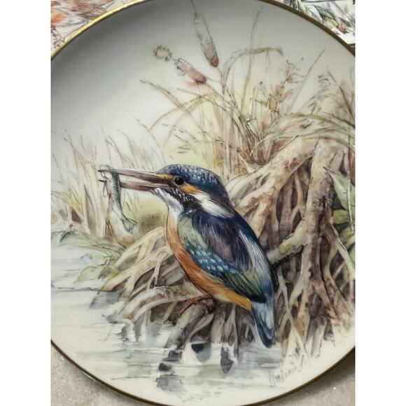 Four Gloria Porcelain Bayreuth Germany Decorative Bird Plates 24k Gold Rim - Picture 2 of 10